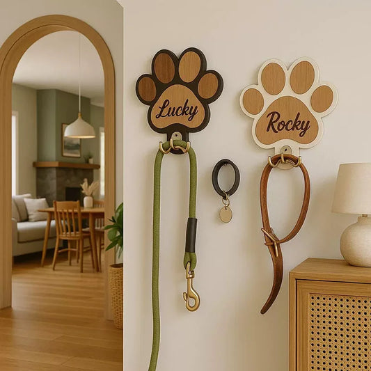 Custom Name Logo Paw Print Wooden Dog Leash Hanger Wall Hook Paw Design Leash Holder For Dog Collars Coats Wall Mount Decor Gift