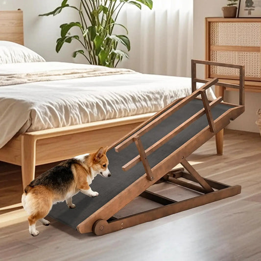 Dog Ramp for Bed, Foldable Wooden Ramp for Small & Senior Dogs & Cats | 45.2" natural wood ramp has 5 adjustable heights
