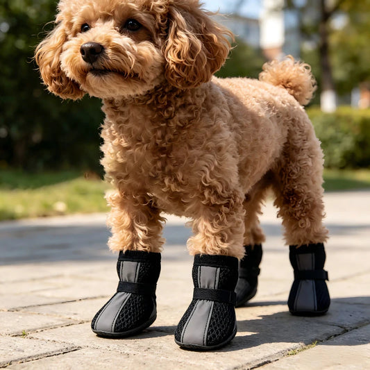 4PCS/SET Non-slip Mesh Dog Shoes Breathable Wear-resistant Pet Booties Reflective Stripe Hook-and-loop Strap Pet Paw Protector