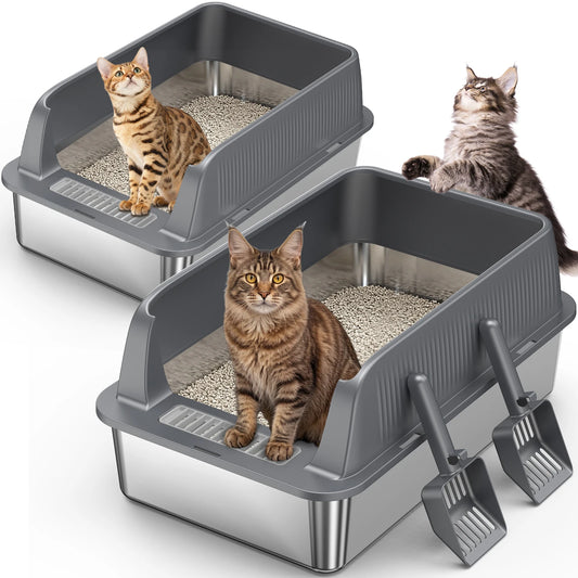 2-Pack XL Stainless Steel Cat Litter Box with Cover & High Sides, Leak-Proof & Non-Stick, for Large Cats, with Scoop